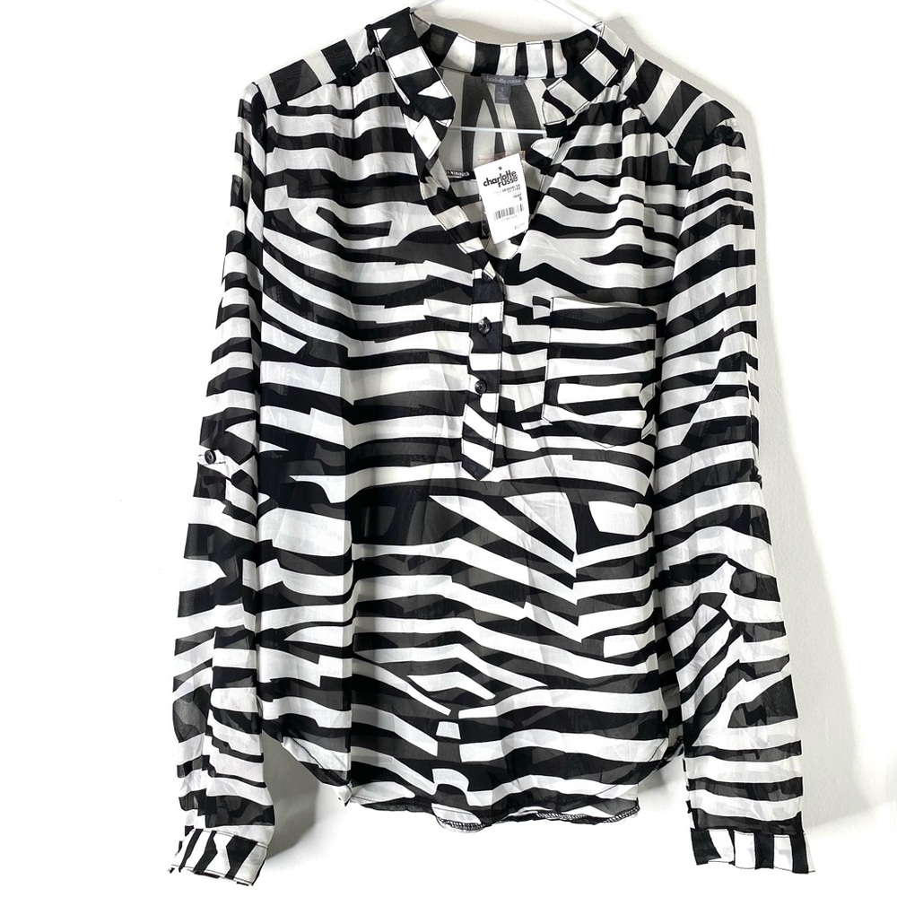 Charlotte Russe Sheer Zebra Stripe Blouse Black White Convertible Sleeve NWT